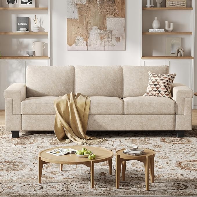 3 Seater Sofa Couch with Deep Seat 90 Modern Upholstered Sofa with Armrests Easy Installation Comfy Couches for Living Room Apartment Beige