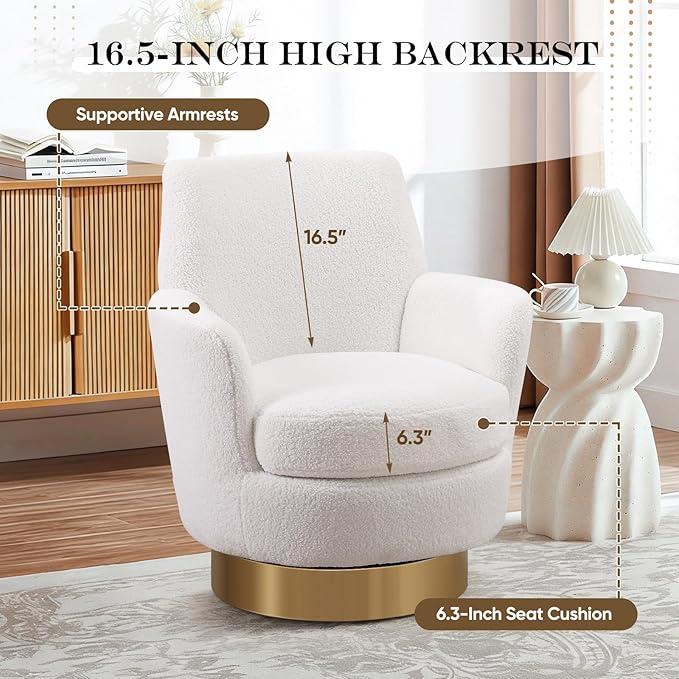 SLEERWAY 360° Swivel Barrel Chair Set of 2 28.3 Modern Teddy Round Accent Chair Comfy Upholstered Small Armchair with Gold Metal Base for Living Room Bedroom Nursery Office Sillas para Sala Ivory