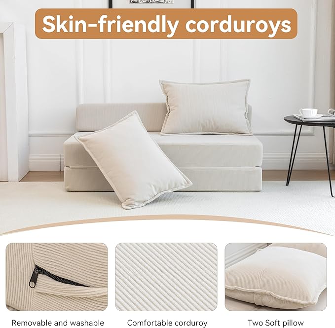 47.6'' Folding Sofa Bed 4 in 1 Convertible Sleeper Chair with 2 Pillows Corduroy Boneless Sofa Bed High-Density Foam Floor Lazy Pull Out Loveseat Couch for Living Room Lounge Beige