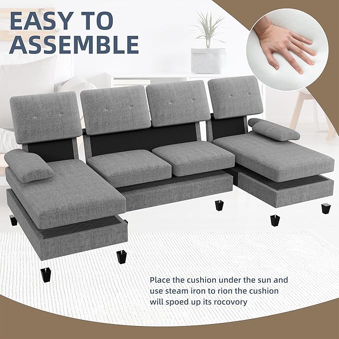 Walsunny Sectional Couches for Living Room Convertible U-Shaped Sofa Couch with Double Chaise 4 Seat Sofa Set Modular Sectional Sofa for Living Room Apartment Bedroom Grey