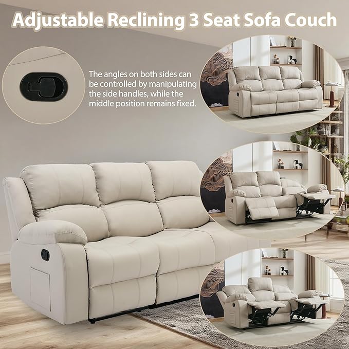 3 Seat Reclining Sofa Leather 3-Seater Manual Reclining Couch with Side Pocket Easy Assembly Reclining Loveseat Sofa for Living Room Meeting Room Bedroom Office Apartment RV