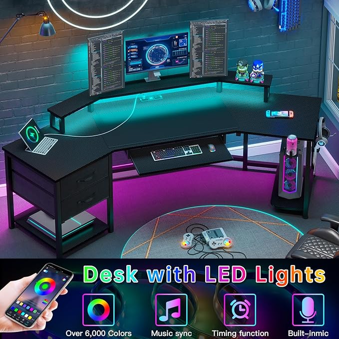 SEDETA 79 Gaming Desk Computer Desk with 2 Fabric Drawers &amp LED Light L Shaped Gaming Desk with Storage Shelf for Home Office Carbon Fiber Black