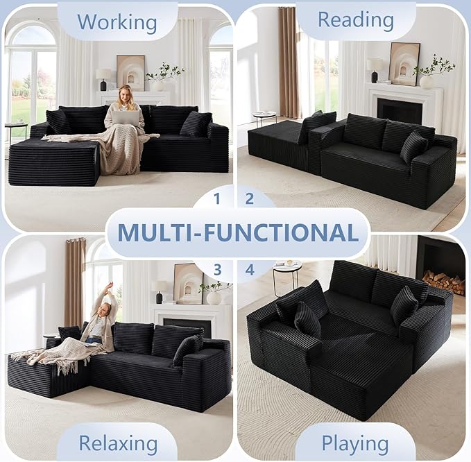 103 L-Shape Cloud Couch with Chaise Upholstered Corduroy Modular Sectional Sofa Deep Seat Couch with Free Combination for Living Room &amp ApartmentNo Assembly Required(BlackLeft Facing Chaise)