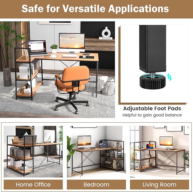 Tangkula Reversible L-Shaped Computer Desk Space Saving Corner Desk with 3-Tier Storage Shelves &amp Metal Frame Modern Executive Home Office Desk PC Laptop Desk Workstation for Small Space (Walnu
