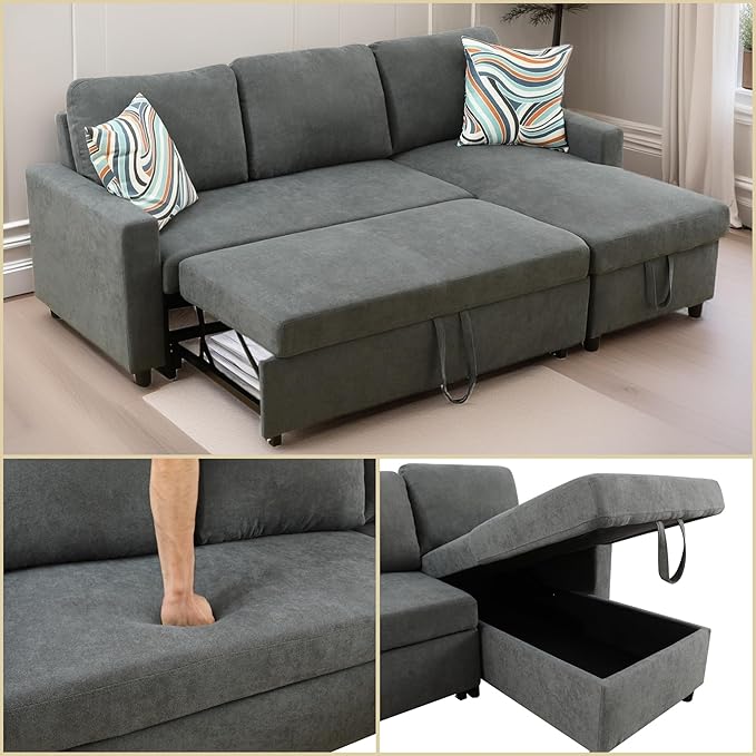 FONTOI Sofa Bed Pull Out Couch Convertible Sectional Sleeper Sofa with Storage Chaise Modern Lounge L Shaped Couch Bed for Living Room Bedroom Small Spaces Grey