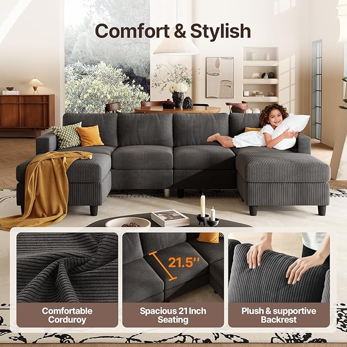 101 Inch Oversized Corduroy Sectional Sofa U Shaped Sectional Sofa with 2Ottomans 6 Seater Convertible Corduroy Sofa Comfortable Living Room Couch (Dark Gray 4 Seat with 2 Ottoman)