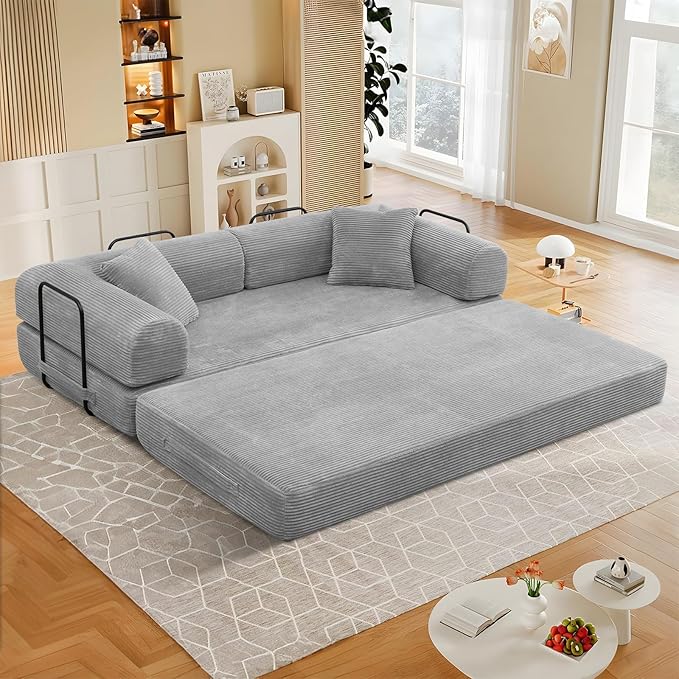 78 Convertible Sleeper Sofa Bed with Cylindrical Pillow Corduroy Folding Mattress Couch with Fixed Frame Floor Sofa Lounge Couch for Living Room Bedroom Apartment Light Grey