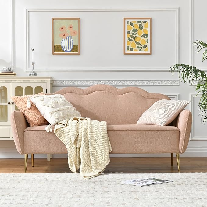 VELOCAVA 67 Loveseat Sofa Modern 2-Seater Upholstered Couch with Linen-Textured Fabric Curved Scalloped Back 7.87 Raised Legs for Living Room Apartment or Bedroom Pink