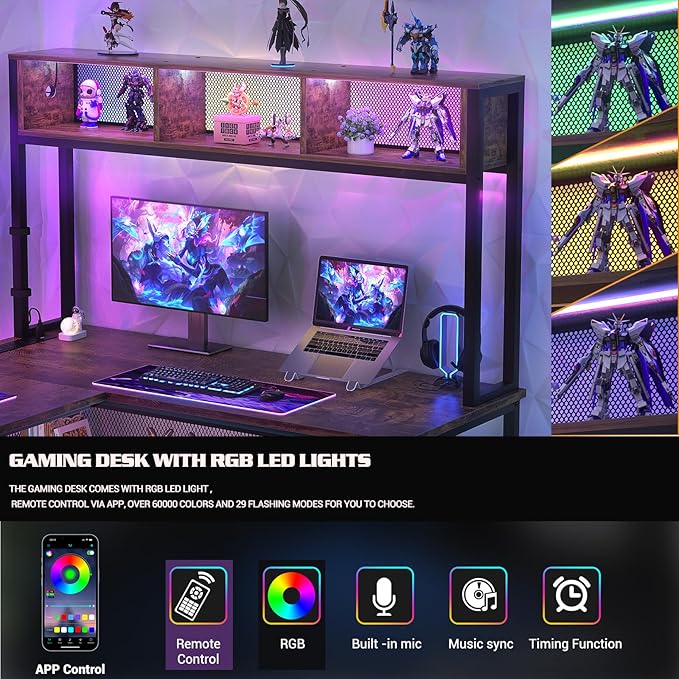 Aheaplus L Shaped Gaming Desk with LED Lights &amp Power Outlets 55 Inch L-Shaped Computer Desk with Storage Shelf &amp Monitor Stand Corner Desks 2 Person Reversible Desk Home Office Desk Rustic