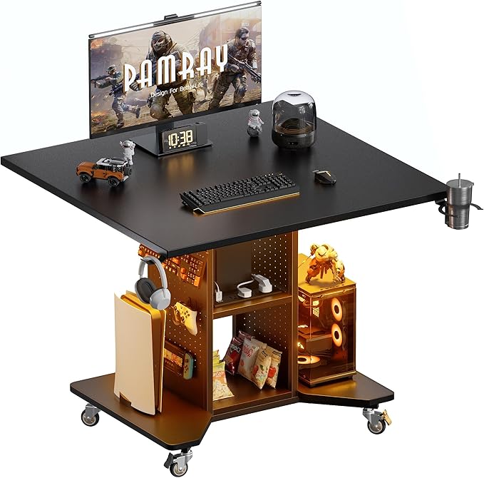 Pamray Small Rolling Gaming Desk with Led Lights Power Outlets and Storage Pegboard Small Spaces Compact PC Computer Table Balck