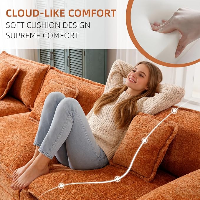 GNIXUU 112 Orange Cloud sectional Couch Modern Chenille L Shaped Couches for Living Room Comfy 4 seat Modular Sofa with Moveable Ottoman &amp Memory Foam