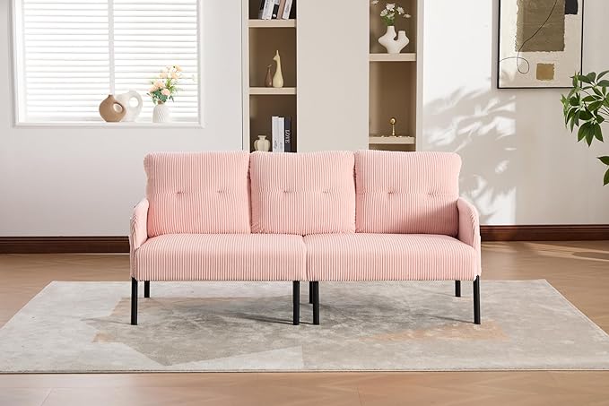 KEIKI 67 Corduroy Loveseat Sofa with Double Side Pockets &amp High Resilience Cushion Modern Style Upholstery Oversized 2-Seater Couch with Metal Legs Easy Assembly for Living Room Pink