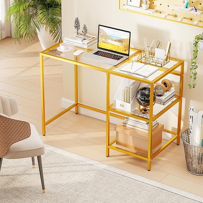 GOFLAME Computer Desk with Shelves 42” Home Office Desk with Metal Frame Tempered Glass Study Writing Table Modern Simple PC Desk for Living Room Bedroom (Golden)