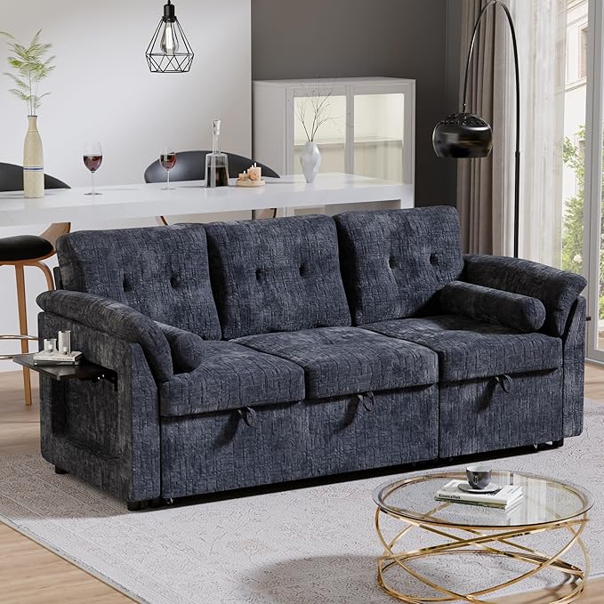 Convertible Queen Sofa Bed 63 Inch Chenille Pull Out Couch with Side Table 3 Seat Pull Out Sofa Bed with Level Adjustable Backrest Comfy Sleeper Sofas for Living Room Apartment Blue