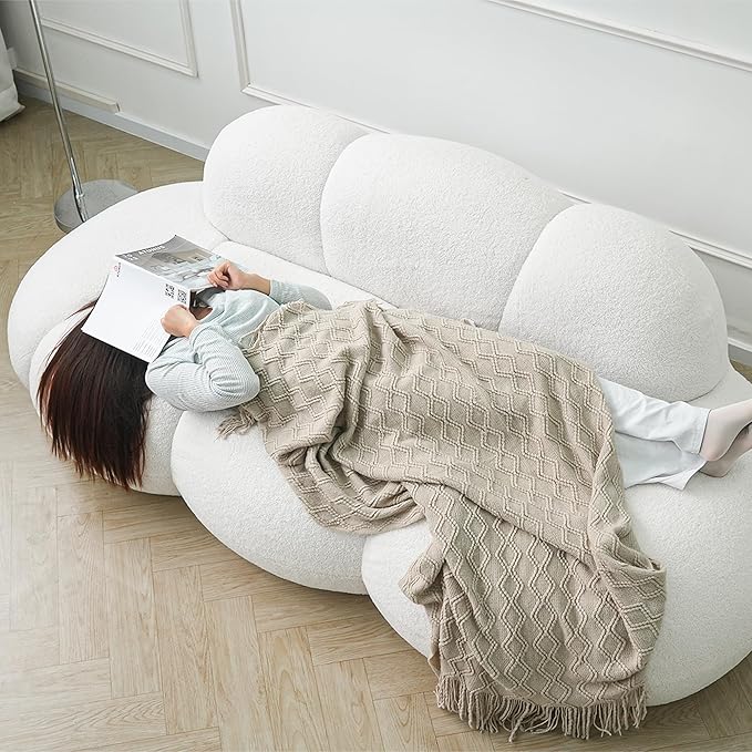 Cloud Shaped Floor Couches for Living Room 90 Curved Boucle Sofa Comfy Compressed Couch Deep Seat Loveseat Sofa for Bedroom Apartment Small Space (White)