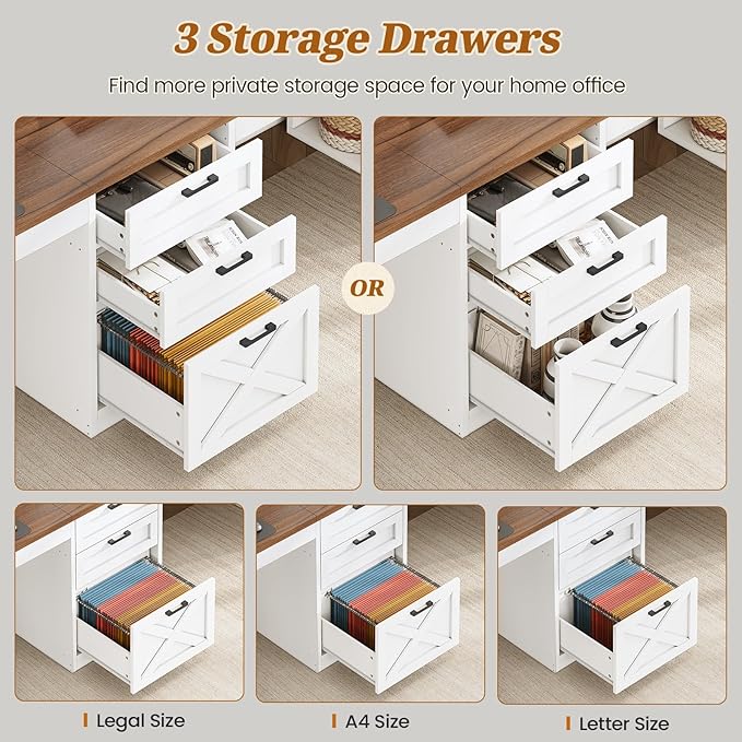 SEDETA Farmhouse 96.5 Computer Desk with Drawers 2 Person Home Office Desk Gaming Double Desk with Storage Shelves Long Two Person Writing Desk (White and Brown)