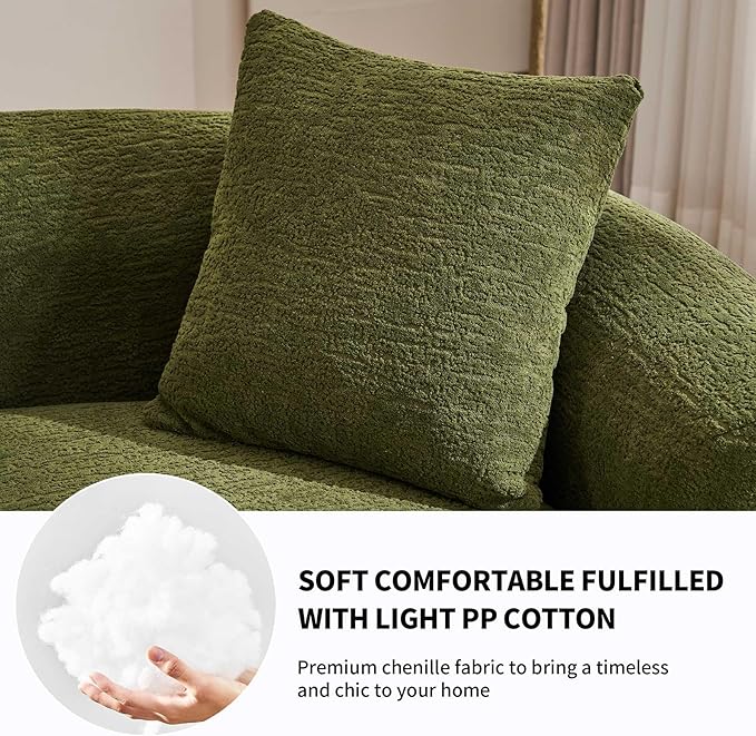 110 Green Curved Boneless Couch with Cushions Modern Cloud Sofa for Living RoomChenille Sectional Minimalist Deep Seat Luxurious No Assembly