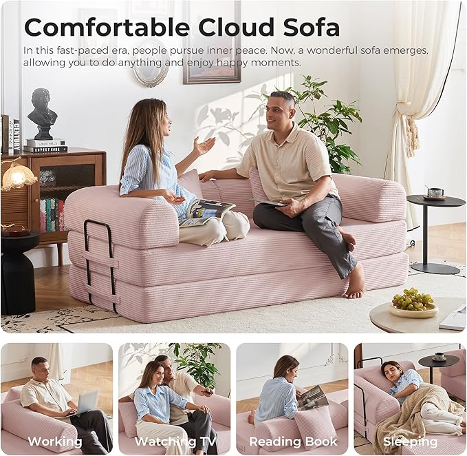 79'' Convertible Sofa Bed 5-in-1 Folding Corduroy Sleeper Couch with Pull Out Bed Oversized Modular Floor Sofa No Assembly Space-Saving Guest Bed for Apartment Living Room Bedroom (Pink) | Convert
