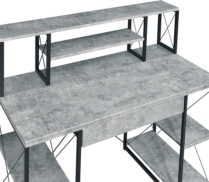 Penau Grey and Black Office Desk with Hutch Sturdy Writing Desk with 1 Drawer and 8 Open Shelves Modern Design for Office and Recording Studio