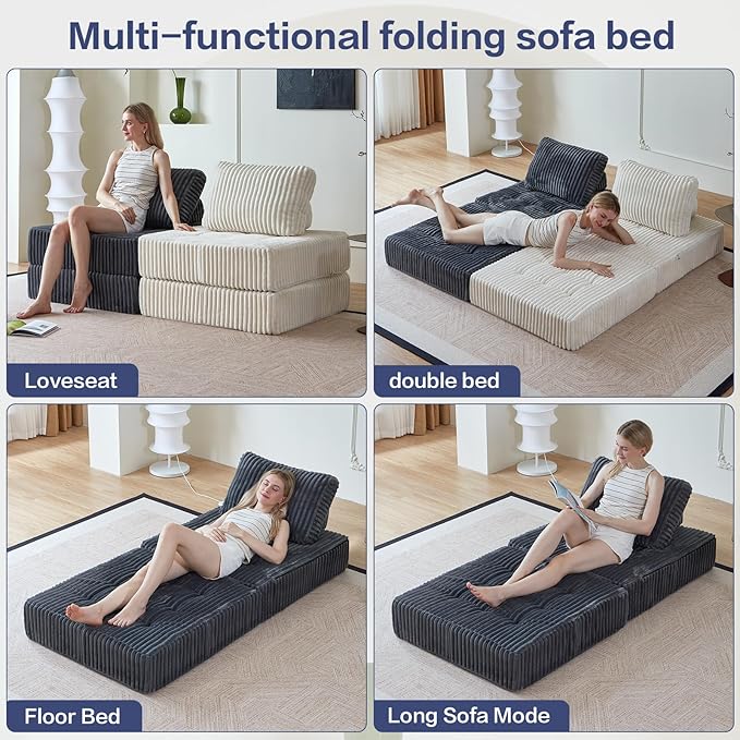 Convertible Floor Chair Bed Foldable Foam Sofa Mattress with Support Pillow Lightweight Single Fold Out Sleeper for Apartments Dorms (Beige Corduroy)