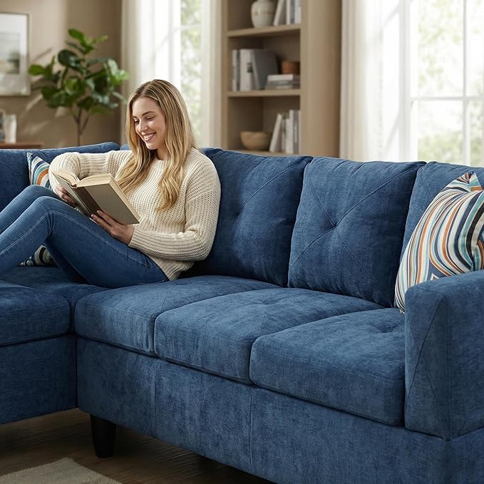 Modern L-Shaped Couch with Lounge Chaise Comfortable Sectional Sofa with Cushions and Sturdy Frame Perfect for Living Room Apartment Blue