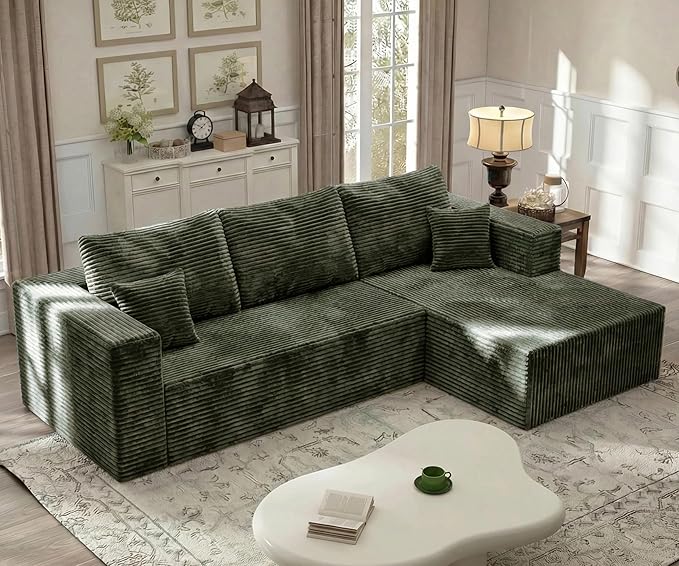108'' L-Shaped Cloud Modular Sectional Sofa Modern Corduroy Memory Foam Couch with Right Facing Chaise Lounge Upholstered Boneless Deep Seat Fluffy Sofa No Assembly Needed for Home Olive Green