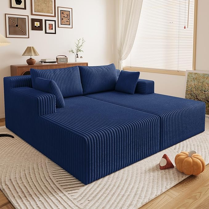 71 Oversized Chaise Lounge ChairSectional Double Lounge Chaise with Pillows Upholstered Corduroy Boneless Lounge Chair Fluffy Modern Loveseat Sleeper Sofa for Living Room or Bedroom(Blue)