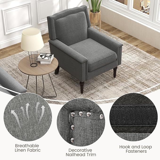 Giantex Mid-Century Modern Accent Chair Grey Linen Fabric Upholstered Armchair w/Rubber Wood Legs Nailhead Trim Max Load 440 Lbs Comfy Single Sofa Side Chair for Living Room Bedroom