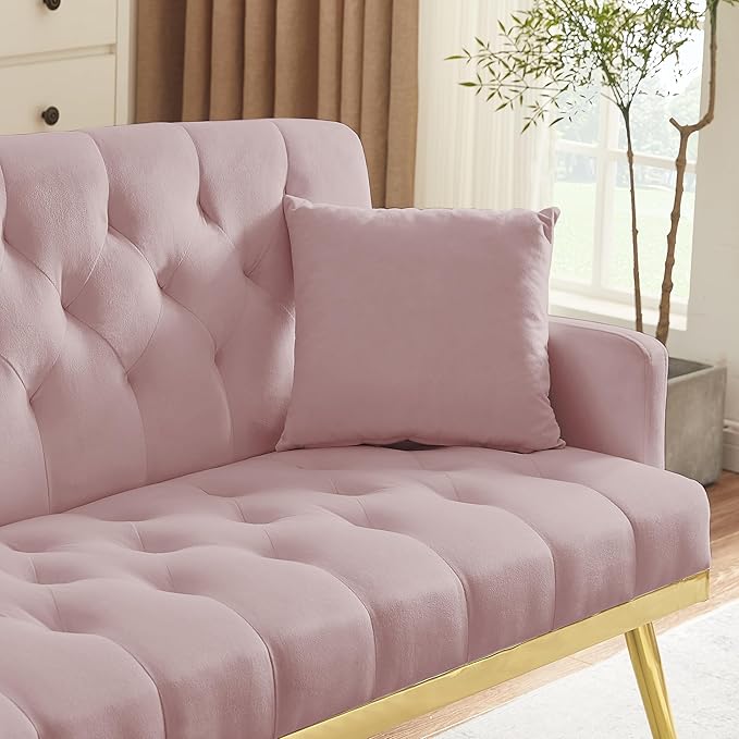 55-Inch Modern Velvet Loveseat Sofa with Gold Metal Legs &amp Side Pockets Tufted Backrest Perfect for Living Room Bedroom or Office (Pink)