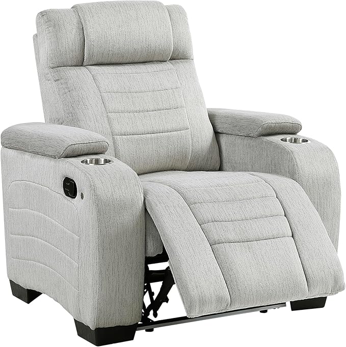 Lexicon Wall Hugger Manual Reclining Chair Microfiber Manual Recliner with Cup Holders/Hidden Arm Storage/LED Base Lighting Home Theater Seating for Living Room Light Gray