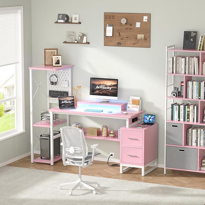Computer Desk with 2 Fabric Drawers - Reversible Home Office Desk with Power Outlet &amp LED Lights 53 Writing Desk with Monitor Stand &amp Storage Shelves Gaming Desk Study Table with Pegboard