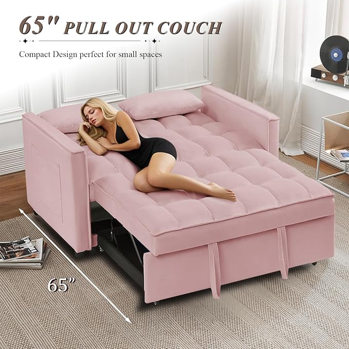 3 in 1 Convertible Sleeper Sofa Bed Futon Couches for Living Room with Side Pocket/Adjustable Backrest Velvet Upholstered Pull Out Couch Small Loveseat Sofa Bed for Bedroom Office Small Spaces