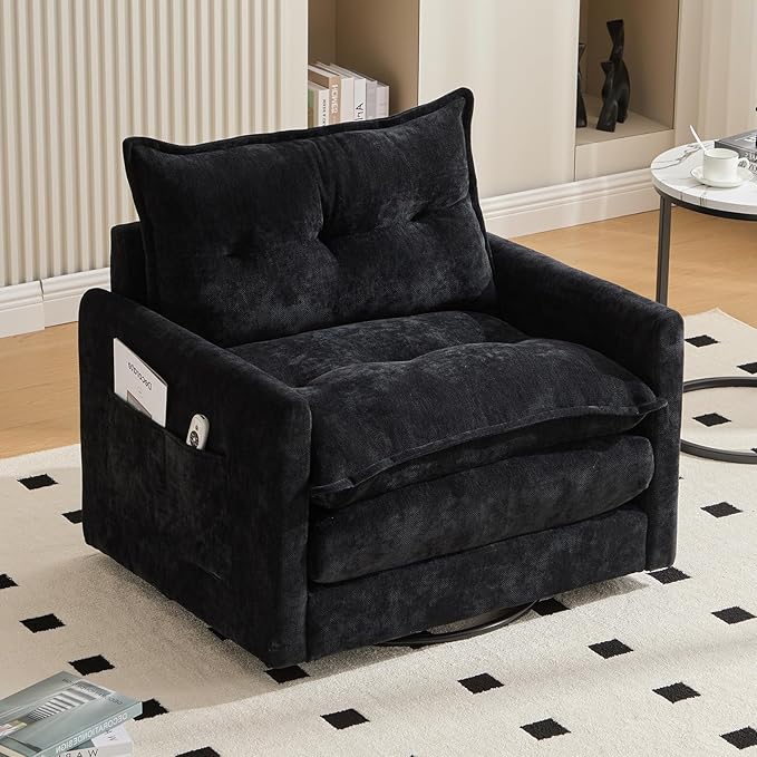 Furniliving Oversized Chenille Swivel Accent Chair for Living Room Upholstered Barrel Chair with Thick Padded Backrest Comfortable Single Sofa Chair for Bedroom Black