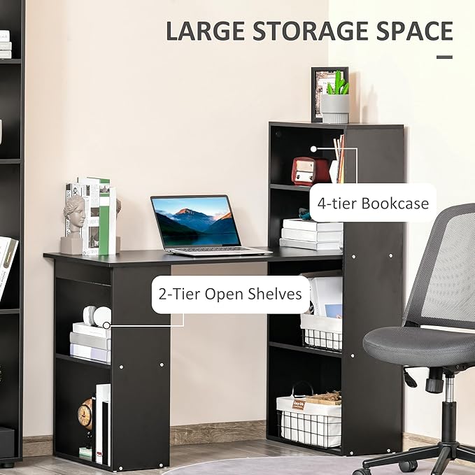 Modern Home Office Desk with 6 Tier Storage Shelves 47 Writing Table with Bookshelf Black