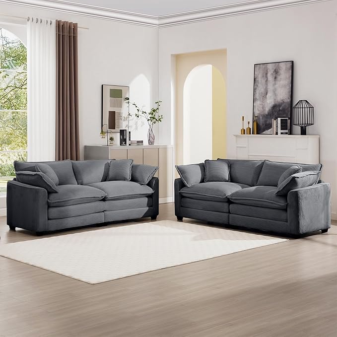 mikibama Luxury 2 Piece Sofa Set 2 Pieces of Loveseat Couch Modern Corduroy Comfy Cloud Couches Set for Living Room Office with 4 Armrest Pillows and 4 Toss Pillows Grey
