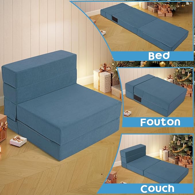 Folding Sofa Bed 4 in 1 Convertible Sleeper Chair with Washable Cover Memory Foam Fold Out Chair Bed Portable Floor Futon Sofa Couch for Living Room Dorm Guest Room Home Office Blue | Folding