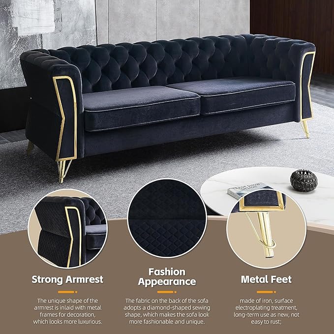 KEVINSPACE 87.4 Velvet Modern Chesterfield Tufted 3 Seater Button Sofa Mid Century with Unique Arms for Living Room Bedroom Small Space - Black