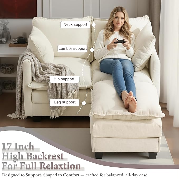50 Loveseat Sofa with Ottoman| Chenille L Shape Love Seat Couch with 2 Pillows | 27.16 Deep Seat for Small Spaces Bedroom Dorm Apartment | Beige