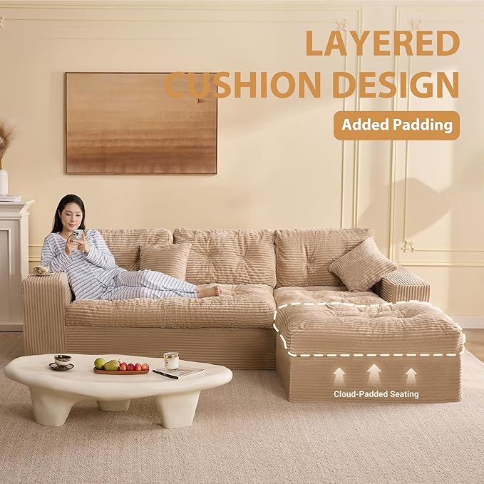 Modular Sectional Sofa 102” L-Shaped Corduroy Couch with Ottoman Deep Seat Comfy Sectional for Living Room Set of Soft Upholstered Cloud Couch for Apartment Camel