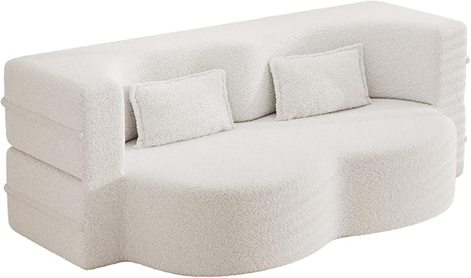 78” Floor Sleeper Sofa Bed Modern 2 in 1 Full Size Foldable Mattress with 2 Pillows Convertible Boneless Couch with Deep Seat for Living Room No Assembly Required (Beige &amp Teddy) | No Assembly