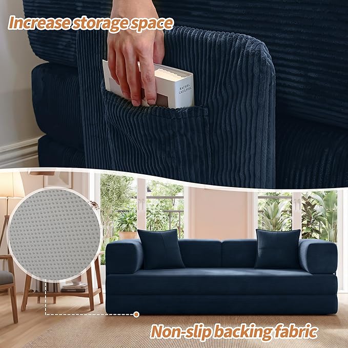 78.8 Convertible Sofa Bed with Armrest Pillow 4-in-1 Sleeper Couch Bed for Livingroom Modular Corduroy Boneless couches No Assembly (Blue)