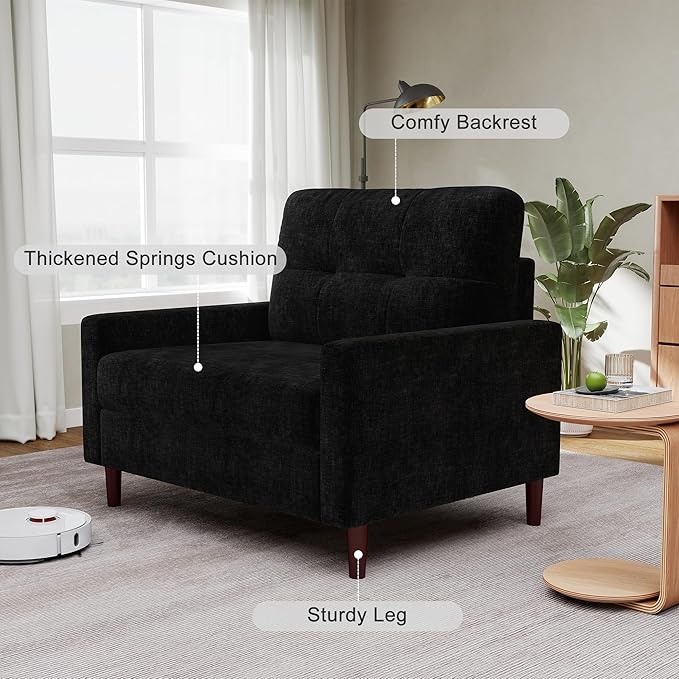 Accent Chair for Living Room Oversized 39.5 Chenille Fabric Armchair Mid Century Modern Single Sofa Chair Comfy Reading Chair for Bedroom Apartment Waiting Room (Black 2 Pack)