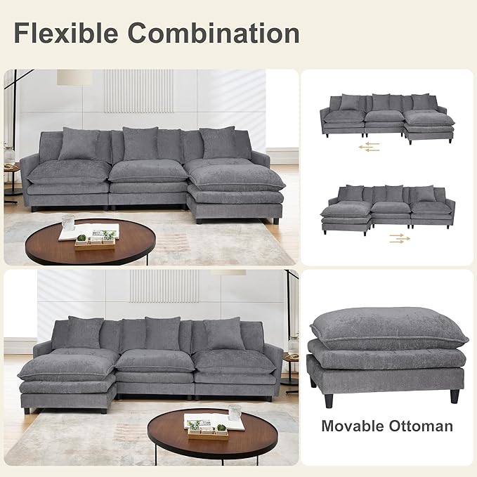 108.27 Modular Convertible Sectional Couch 4 Seat L Shaped Sofa Reversible Chaise Sectional Sofa Deep Seat Cloud Couch Chenille for Home Apartment Dorm