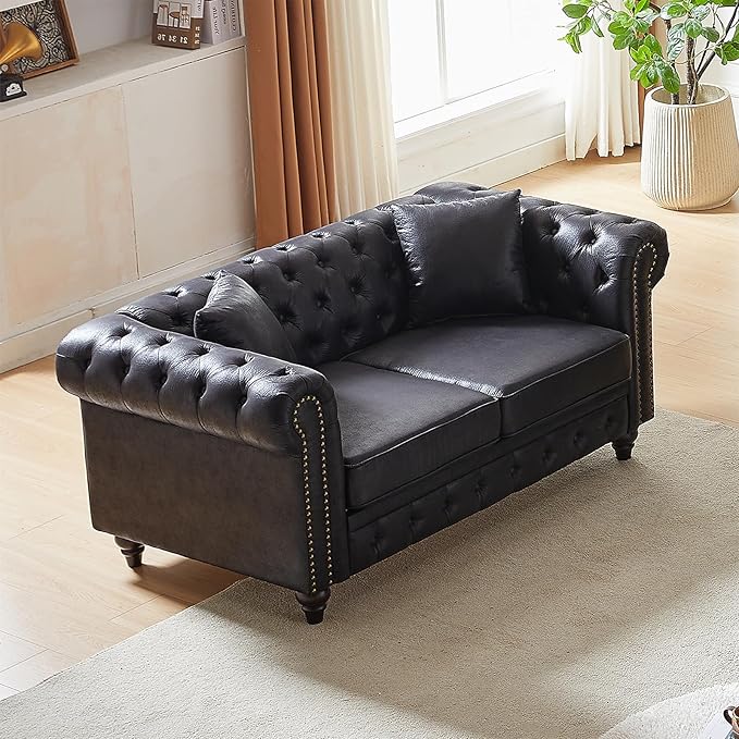 Mid Century Modern Loveseat Sofa 63.5W High-tech Fabric Button Tufted Small Couch with Nailhead Trim &amp Roll Armrest Upholstered Comfy Chesterfield Sofa for Living Room Office(2 Seater Black)