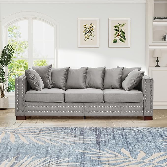 84.5W Mid Century Modern Couch with Storage Upholstered Velvet Sofa Deep Seat Chesterfield Couch with Nailhead Trim &amp Pillows 3-Seat Comfy Sofa for Living Room Bedroom Apartment Office(Grey