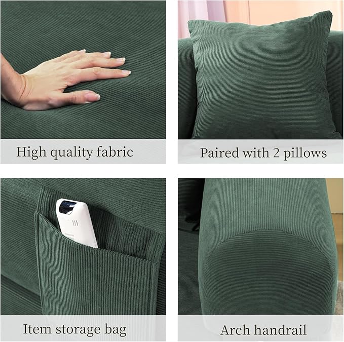 KBQ 3-Seat Convertible Sleeper Sofa Bed with 2 Pillows Corduroy Folding Mattress Couch Floor Sofa Lounge Couch for Living Room Bedroom Lounge Studio Light Green