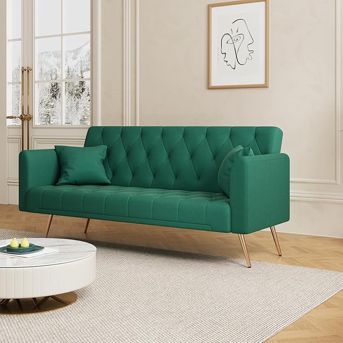 71 Futon Sofa Bed VelvetConvertible Sleeper Sofa CouchModern Folding Futonwith 3 Adjustable Backrests and 2 Pillowsfor Small Living Room Bedroom Office (Green)