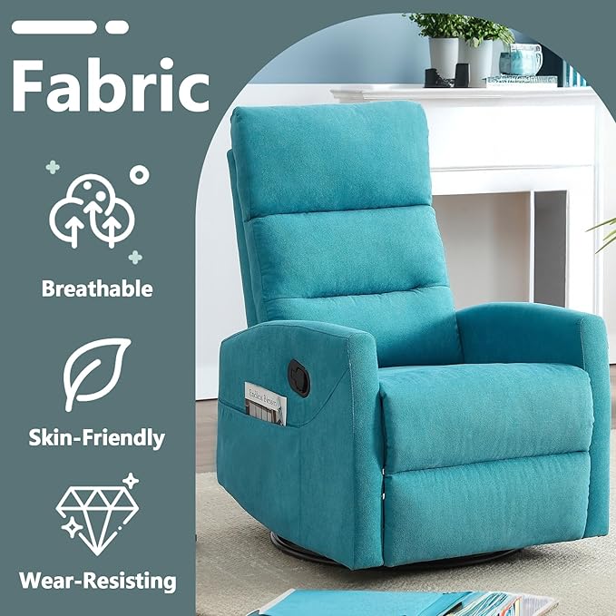 Slim Lazy Boy Recliners for for Adults Swivel Rocking Chair Recliner with High Back Small Recliner Chair for Small Spaces Manual Reclining Chair for Living Room Adjustable Footrest (Blue)