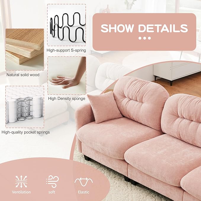 107 L-Shaped 3-Seater Sectional Sofa with Ottoman - Cloud Chaise Lounge Couch High-Resilience Foam &amp Ergonomic Support for Family Living Room Pink
