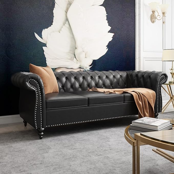 PU 3 Seater Sofa Chesterfield Sofa Modern Tufted Couch 3 Seater Large Sofa with Scroll Arms and Nailhead for Living Room Black PU